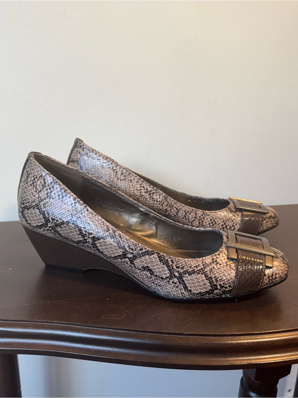 Alia Taupe Brown Snake-Print Flats with Square Buckles